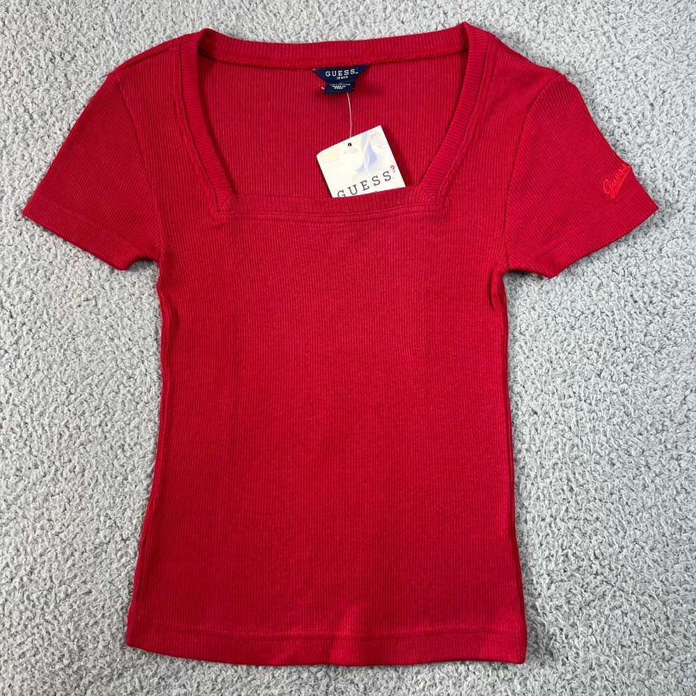 Guess Ribbed Knit Top Juniors S Red Square Neck Short Sleeve VTG NWT